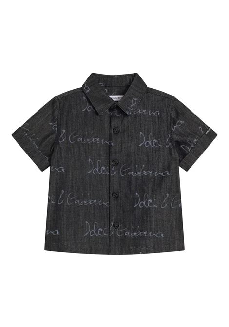 Dark Blue Denim Baby Shirt With All-Over Logo DOLCE & GABBANA KIDS | L14S22-LDC87S9000